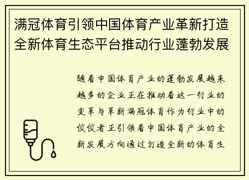 满冠体育引领中国体育产业革新打造全新体育生态平台推动行业蓬勃发展